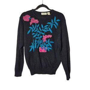 Vintage That's Me! Floral Embroidered Black Sweater Size Small Grannycore Fall